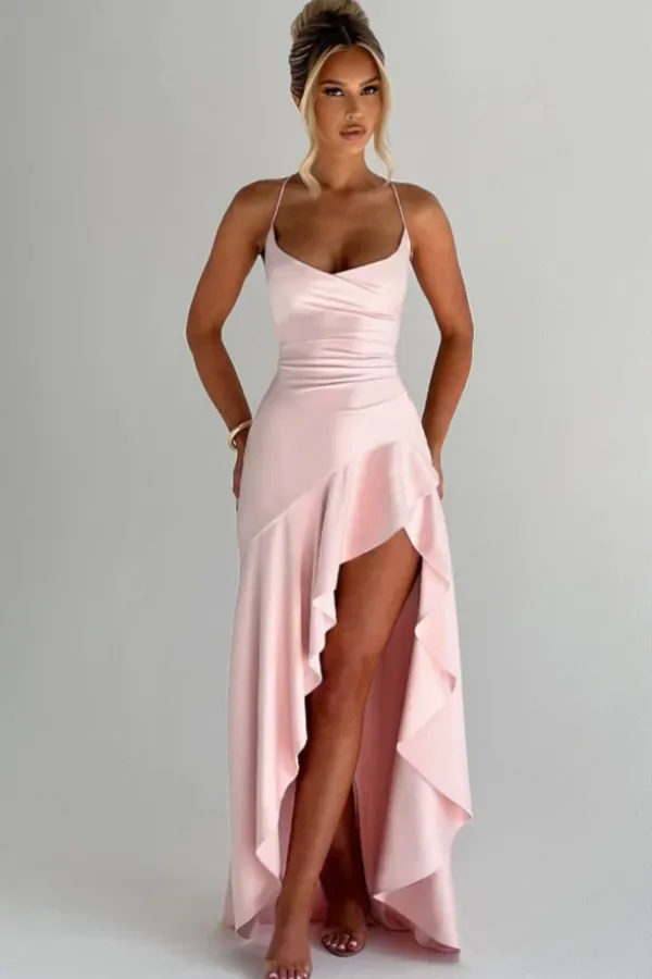 Spaghetti Strap Sleeveless Long Split Prom Dress With Pleated -...