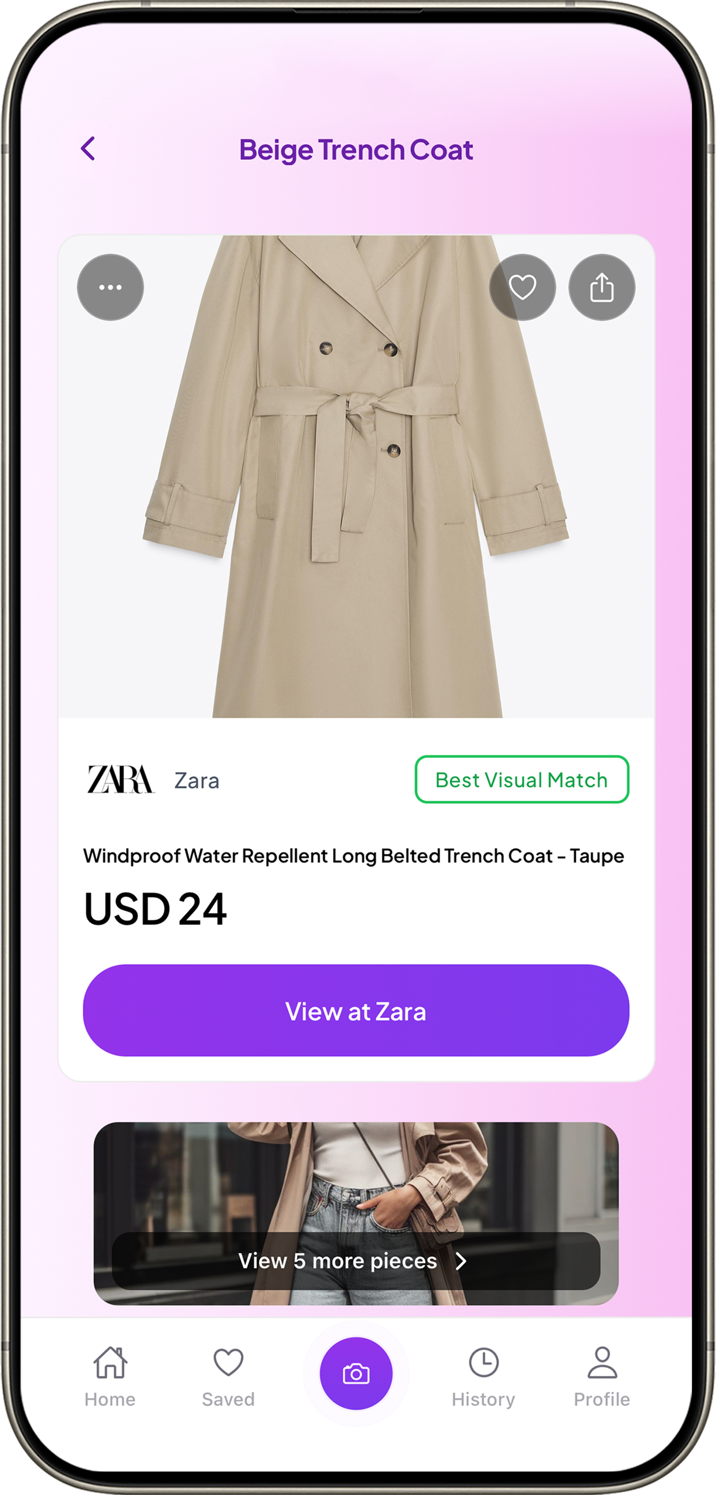 Remode showing a Best Visual Match for a trench coat with store and price