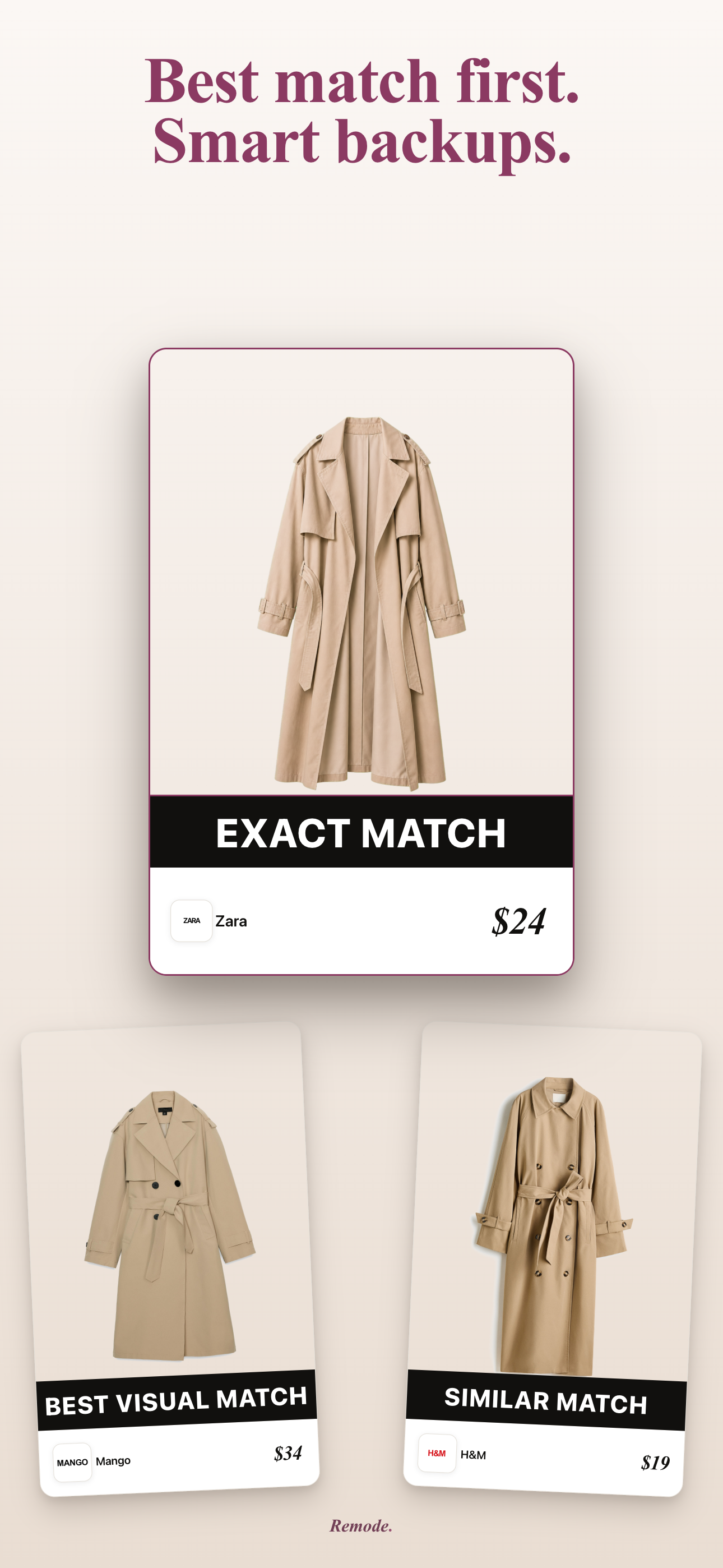 Remode showing exact, best visual, and similar match quality