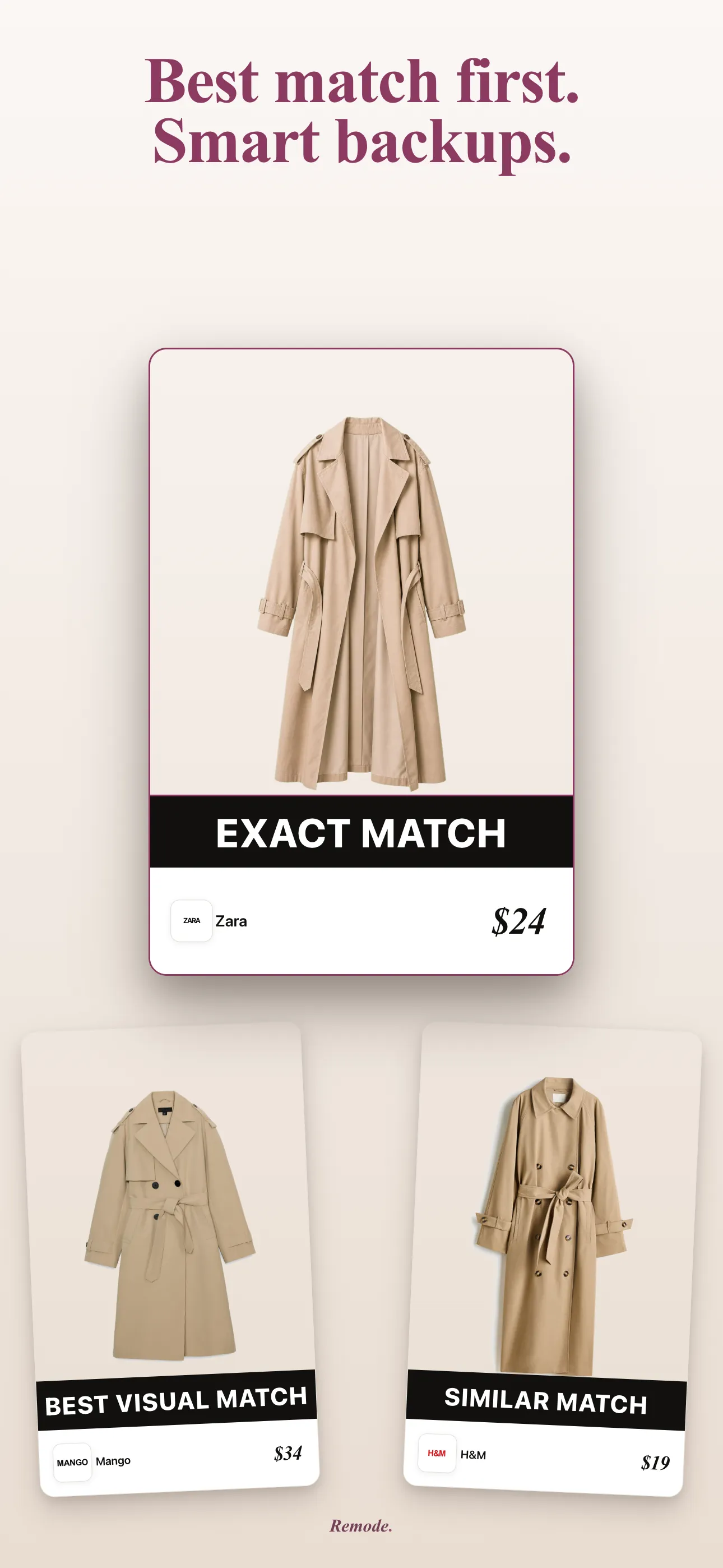 Remode showing exact, best visual, and similar match quality