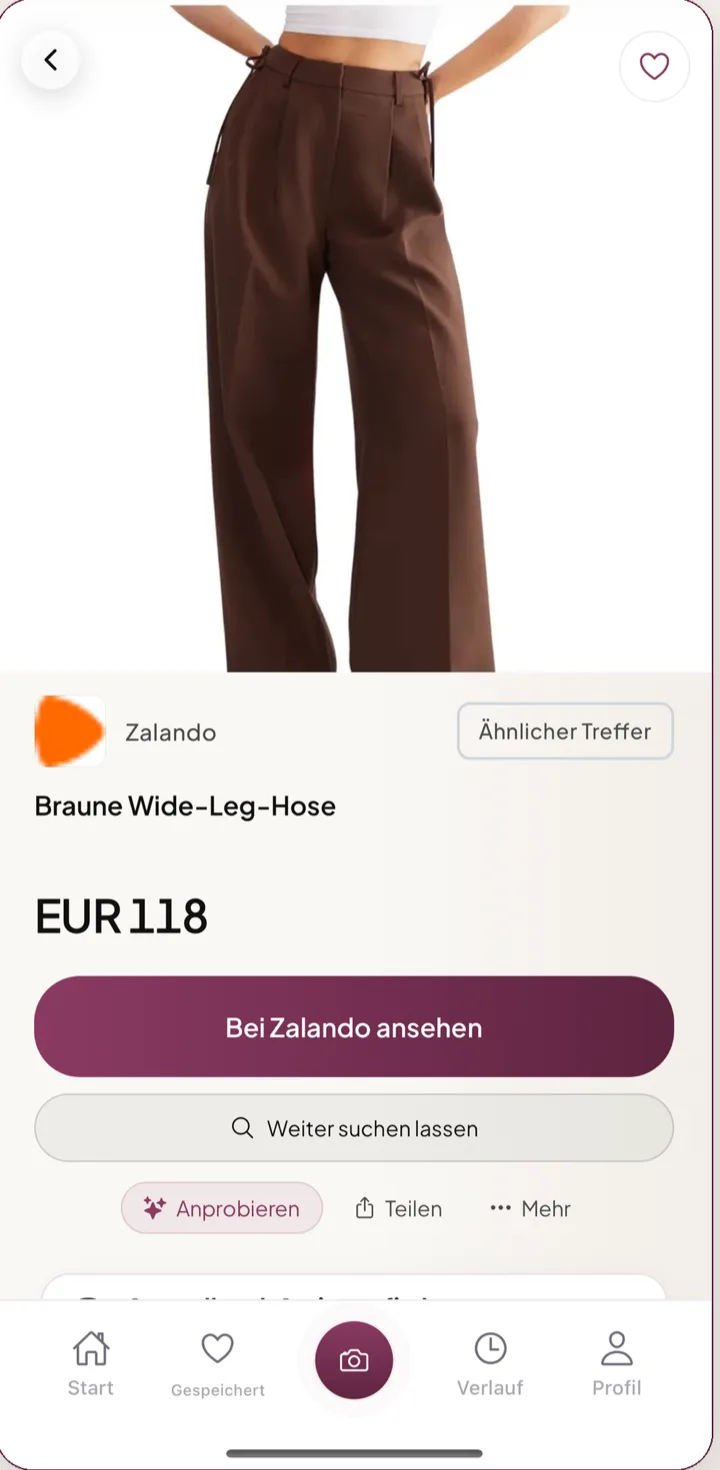 Remode-Ergebnis: braune Wide-Leg-Hose bei Zalando, EUR 118, mit Anprobe und Preisoptionen.