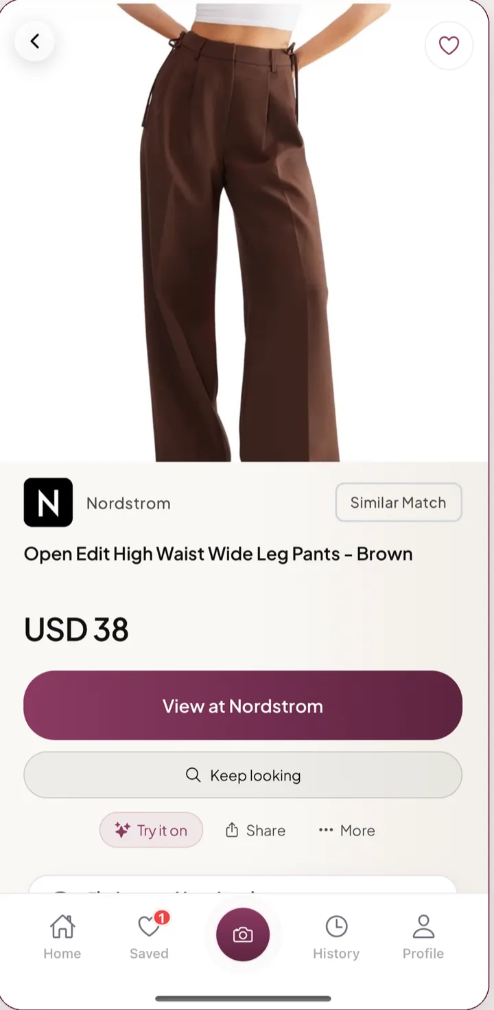 Remode result screen: Nordstrom wide-leg trousers, USD 38, with try-on and price options.