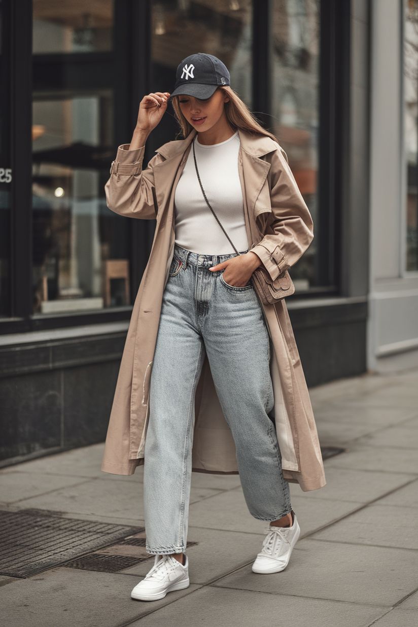 Woman wearing a trench coat, jeans, cap, and white sneakers