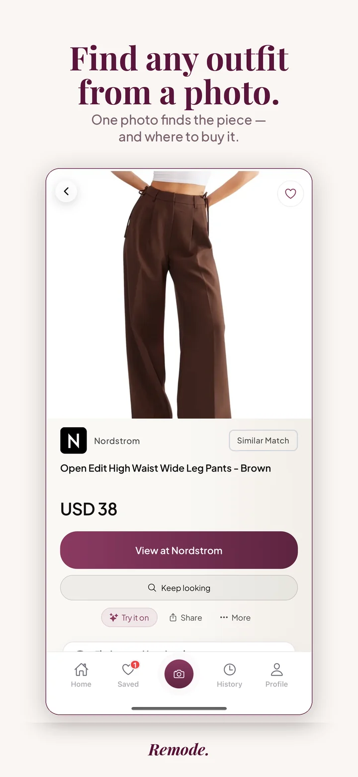 Remode result screen for a photo search: Nordstrom wide-leg trousers at USD 38, with try-on and price options