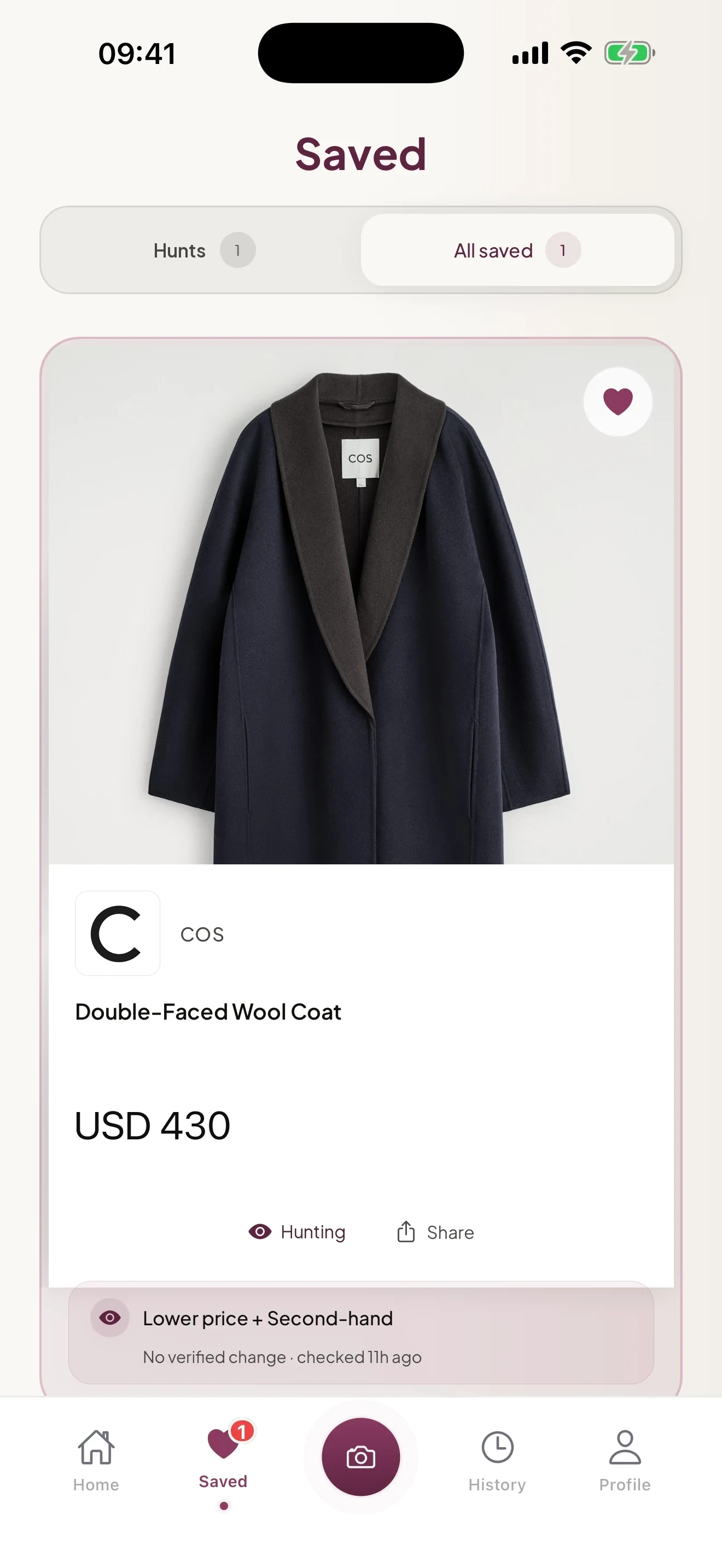 A Hunt in the Remode app showing a saved COS coat, lower-price and second-hand preferences, and no verified change