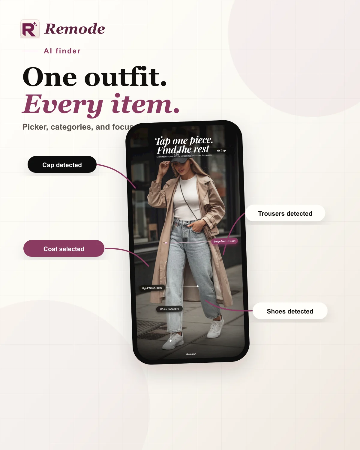 Editorial Remode visual showing AI clothing detection and item picker labels