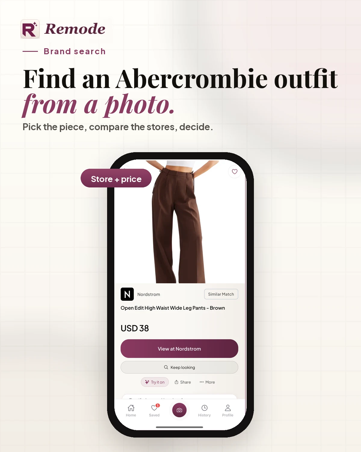 Remode brand-search visual: 'Find an Abercrombie outfit from a photo.' over the app's result screen with a Nordstrom wide-leg trousers listing at USD 38
