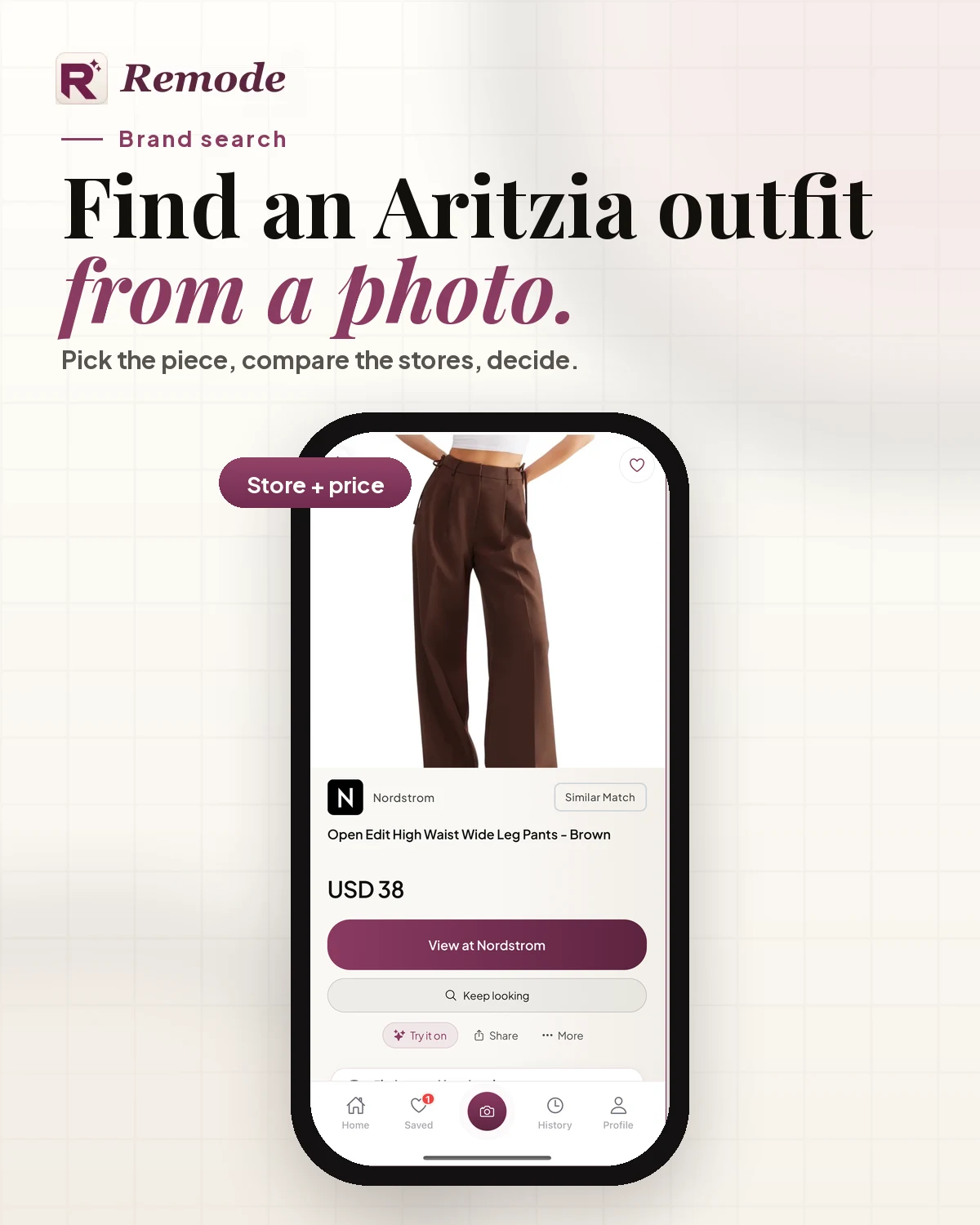 Remode brand-search visual: 'Find an Aritzia outfit from a photo.' over the app's result screen with a Nordstrom wide-leg trousers listing at USD 38