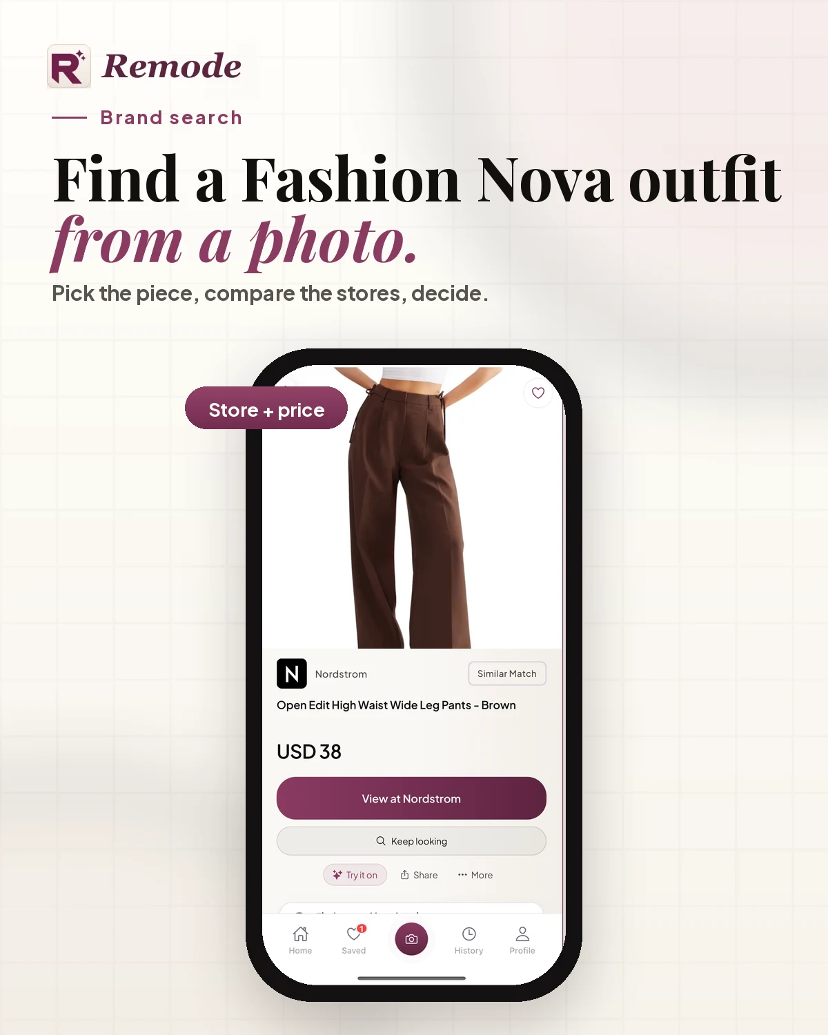Remode brand-search visual: 'Find a Fashion Nova outfit from a photo.' over the app's result screen with a Nordstrom wide-leg trousers listing at USD 38