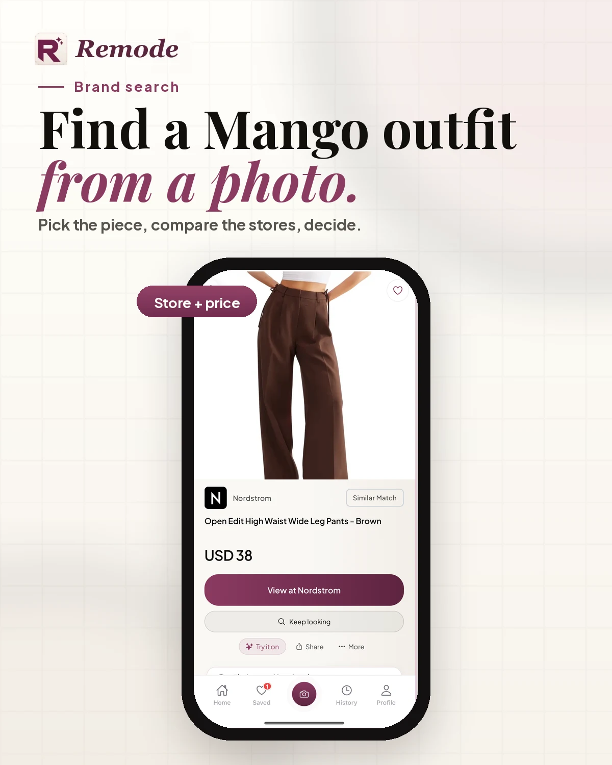 Remode brand-search visual: 'Find a Mango outfit from a photo.' over the app's result screen with a Nordstrom wide-leg trousers listing at USD 38