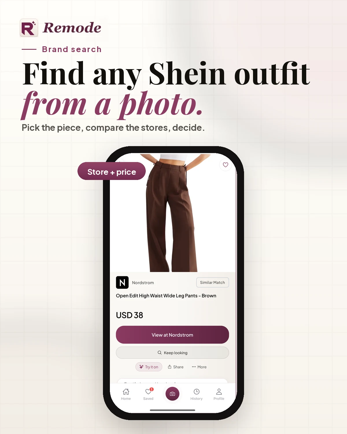 Remode brand-search visual: 'Find any Shein outfit from a photo.' over the app's result screen with a Nordstrom wide-leg trousers listing at USD 38