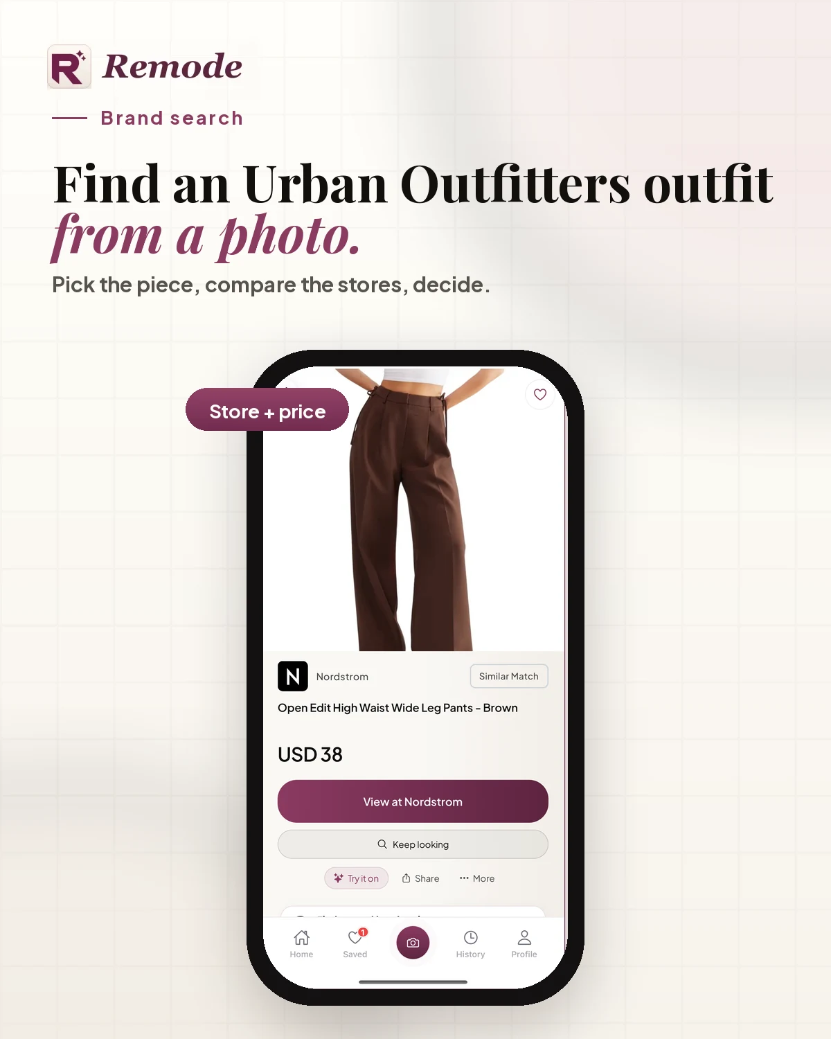 Remode brand-search visual: 'Find an Urban Outfitters outfit from a photo.' over the app's result screen with a Nordstrom wide-leg trousers listing at USD 38