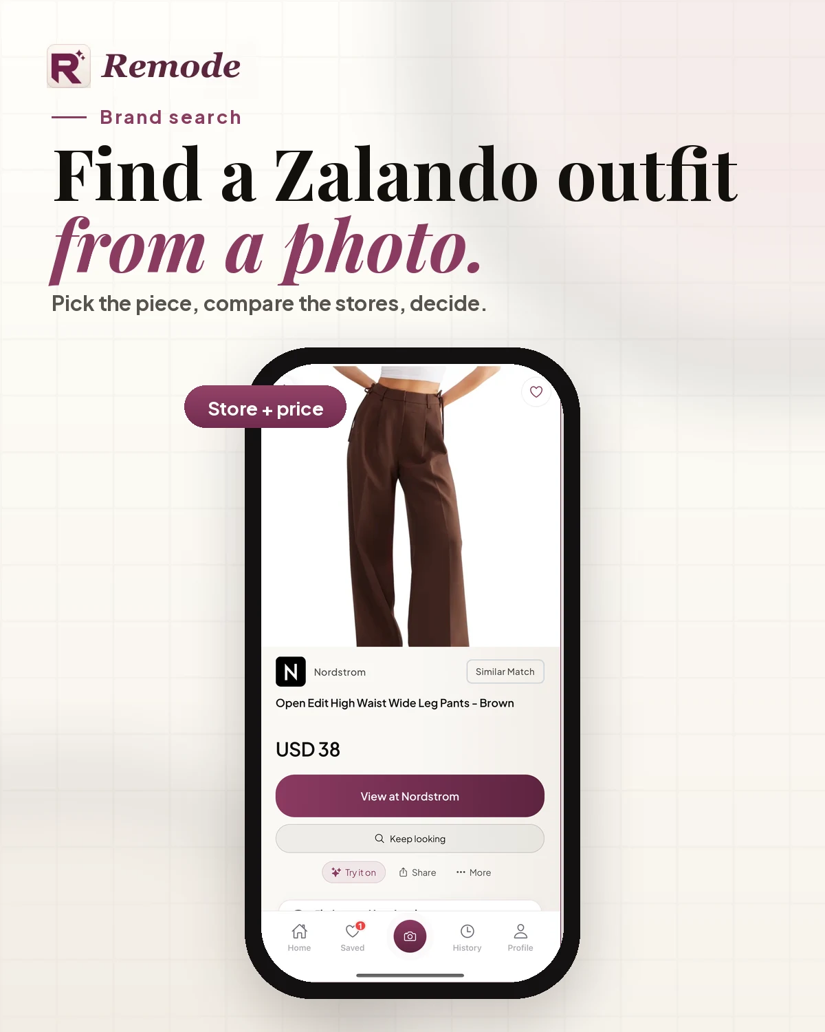 Remode brand-search visual: 'Find a Zalando outfit from a photo.' over the app's result screen with a Nordstrom wide-leg trousers listing at USD 38
