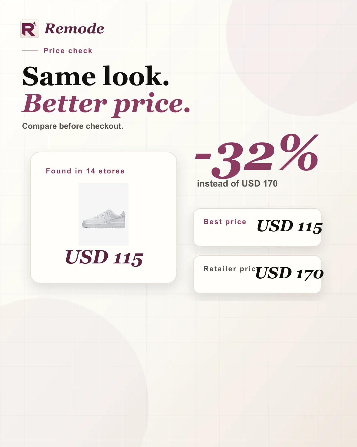 Editorial Remode visual showing price comparison for a fashion item