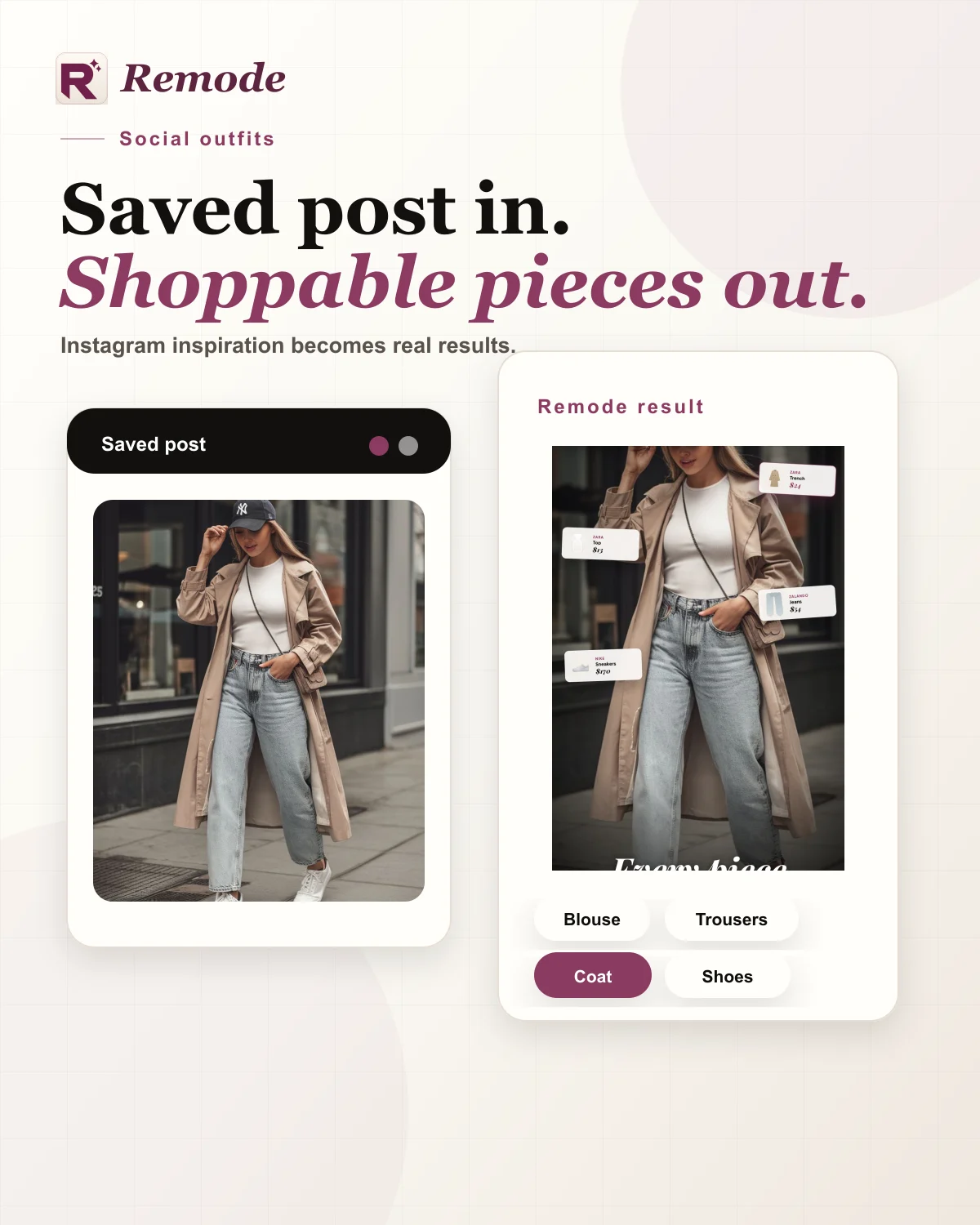 Editorial Remode visual turning an Instagram outfit screenshot into shoppable pieces