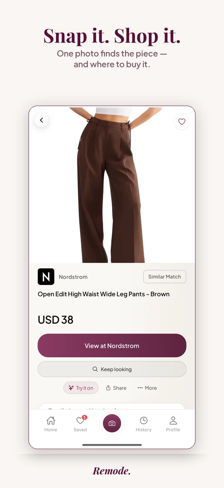 The match result with its label, store, and price: Similar Match, Nordstrom, USD 38