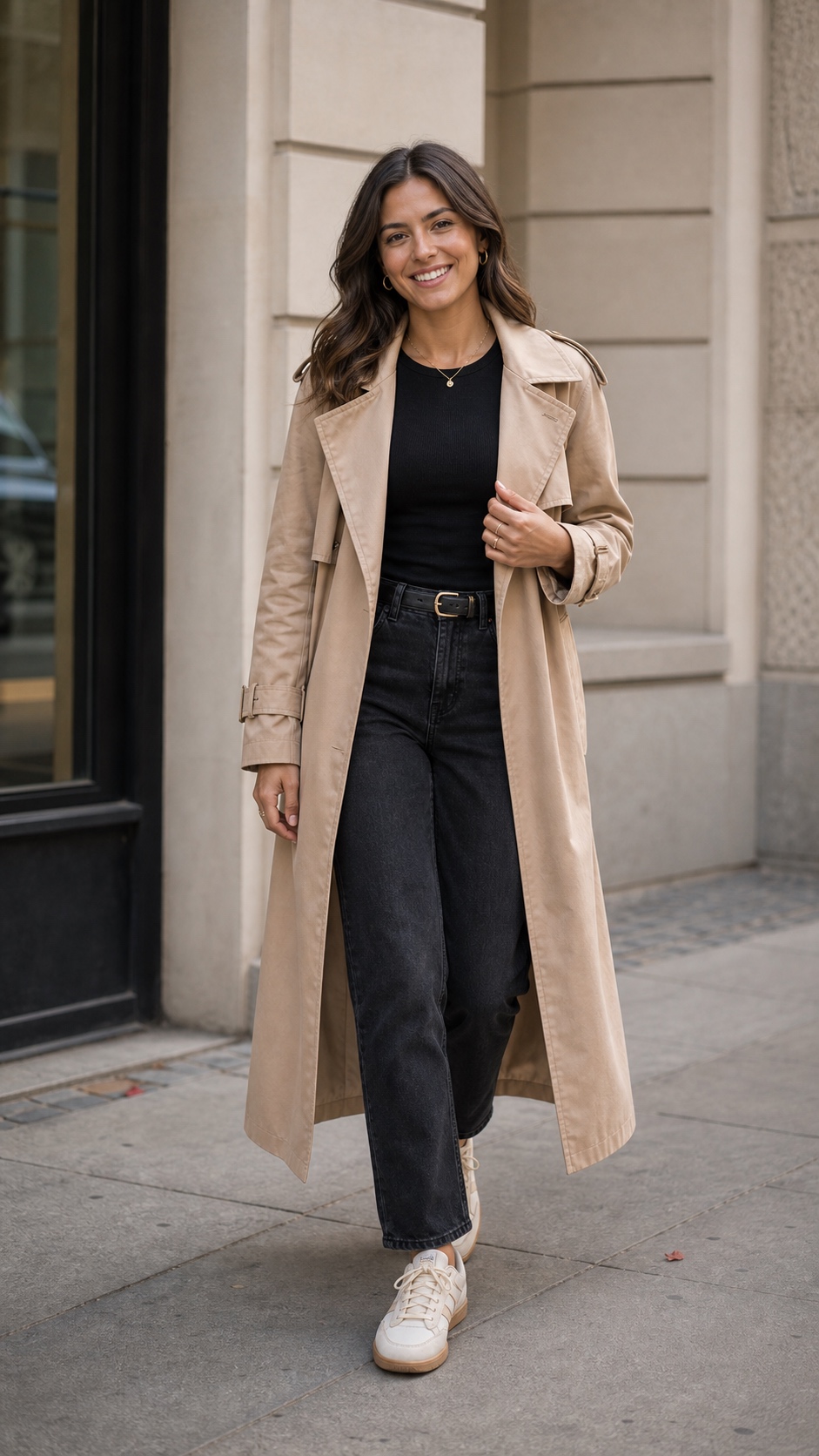 Woman wearing a beige trench coat