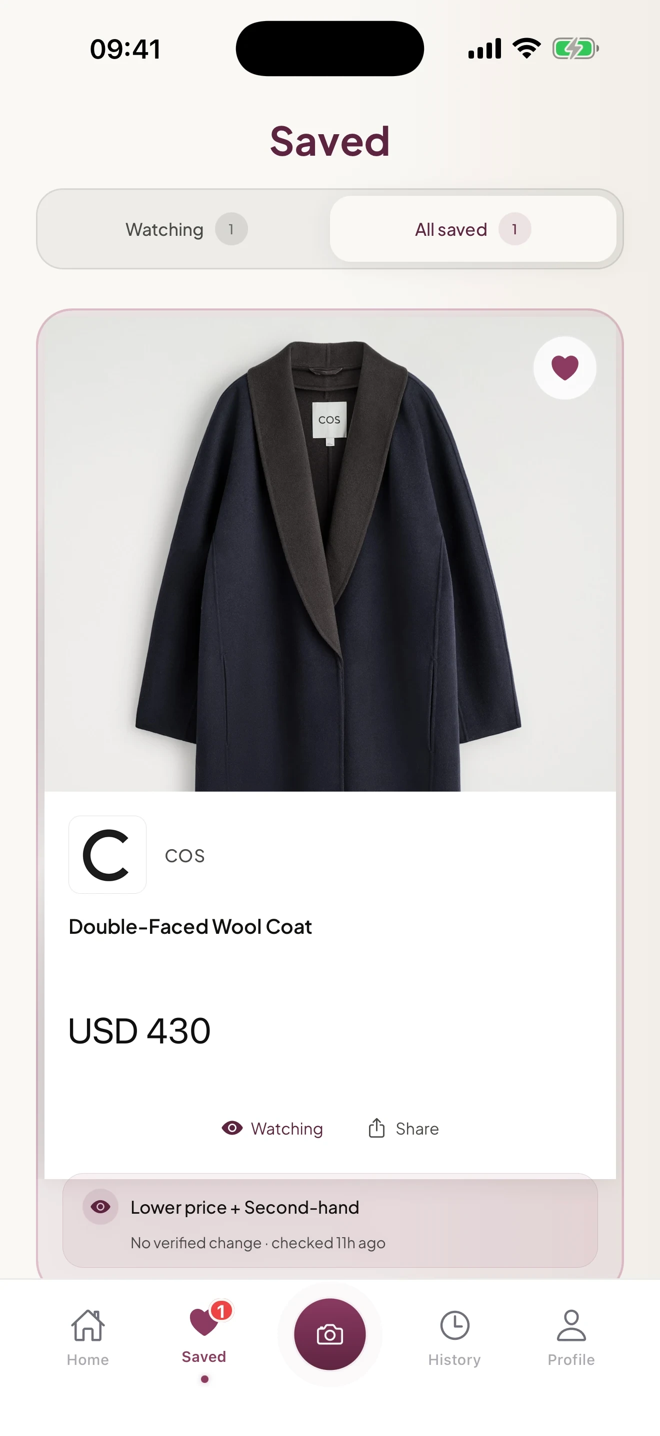 Remode Watch showing a saved COS coat, lower-price and second-hand preferences, and no verified change