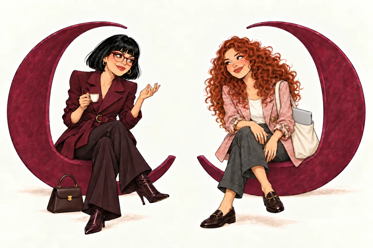 Colette and Carrie face each other on two open Cs. Colette wears glasses and has a coffee and designer bag; Carrie carries a tote with a laptop.